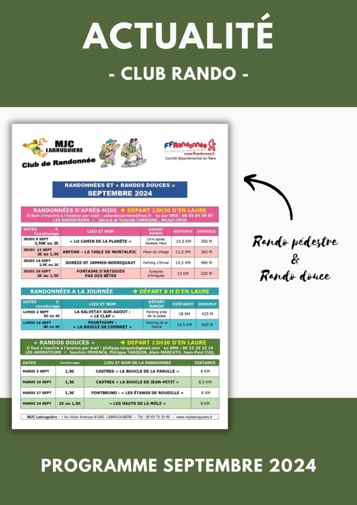 Club Rando – Planning du mois de Septembre